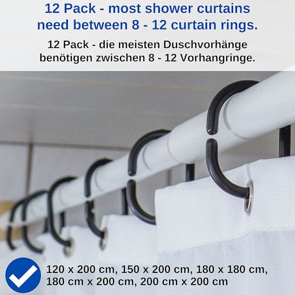 Svarta duschdraperiringar, 12-pack, diameter 4,6 x 2,9 cm, fo