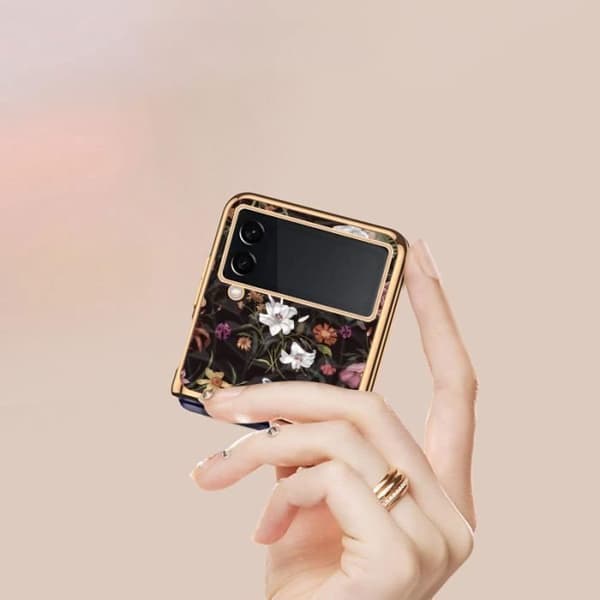 LICHIFIT telefoncover til Samsung Galaxy Z Flip 3 - retro blomstermønster i galvaniseret glas - Guld og Sort