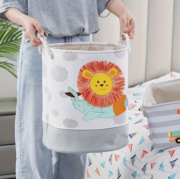 Toy Storage Basket for Kids with 3D Lion, Foldable Cotton Canvas Laundry Hamper with Drawstring and Handles for Nursery, 35x40 cm
