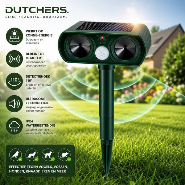 Solar Powered Ultrasonic Animal Repeller with Motion Sensor, 10m Range Pest Deterrent for Garden, Patio, Green