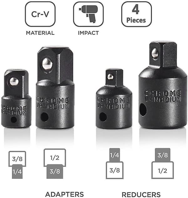 4-delt forstørrelses- og reduktionssæt skraldenøgleadapterreduktion adaptere til 1/2\" 1/4\" 3/8\" drivtoppe og bits