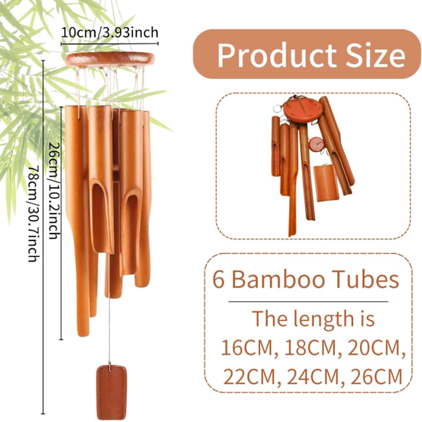 Bambu Tuulikello, 6 Putkea Bambu Tuulikello Ulko- ja Sisäkäyttöön, 75cm Bambu Tuulikello