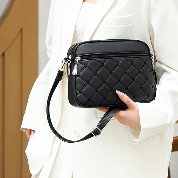 Women's Phone Bag, PU Quilted Heart Design, Multiple Zipper Pockets, Adjustable Detachable Strap, Black, 25 × 7.5 × 18 cm