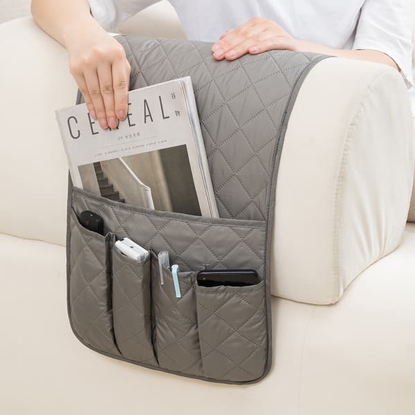 Fabric Remote Control Holder - Wall-Mounted Storage Pocket for TV and AC Remotes - Sofa Armrest Organizer for Magazines and Books Grey gery