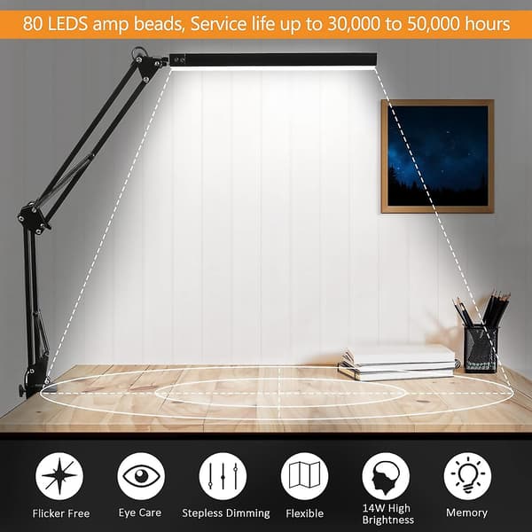 LED-skrivebordslampe med klemme, justerbar svingarm kompatibel studie/kontor (sort)