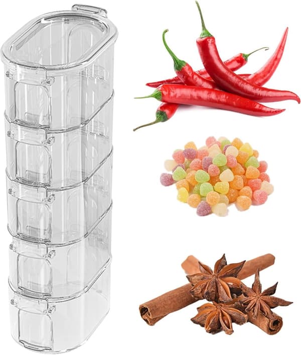 5-Tier Stackable Spice Container, Transparent PET with Sealed PP Lid, Reusable Organizer for Kitchen, Camping, and Picnic