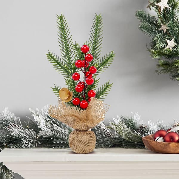 Mini Artificial Christmas Trees, 3-Pack with Berries and Needles, for Home and Office Decorations