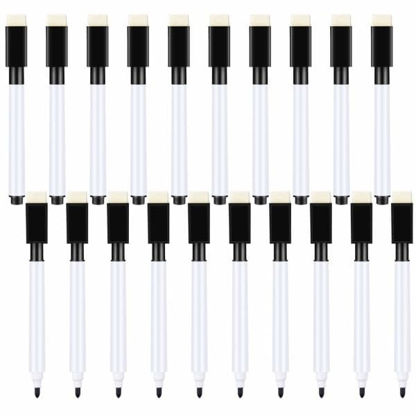 20 små whiteboardpenne - sorte whiteboardpenne med viskelæder, fin spids, whiteboardpenne til børn (sort)