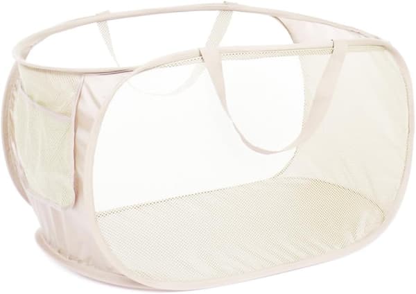 Durable Foldable Laundry Baskets, Mesh Pop Up Laundry Hamper with Practical Pocket, Collapsible Clothes Hamper with Reinforced Carry Handles-Beige