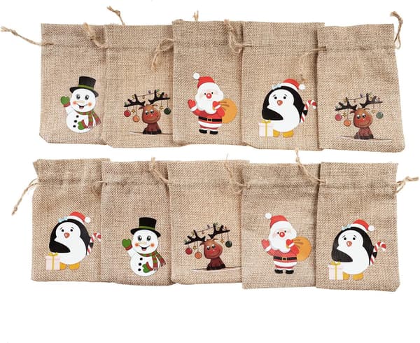 12 Christmas Jute Sacks Small Candy Bags Drawstring Pouches