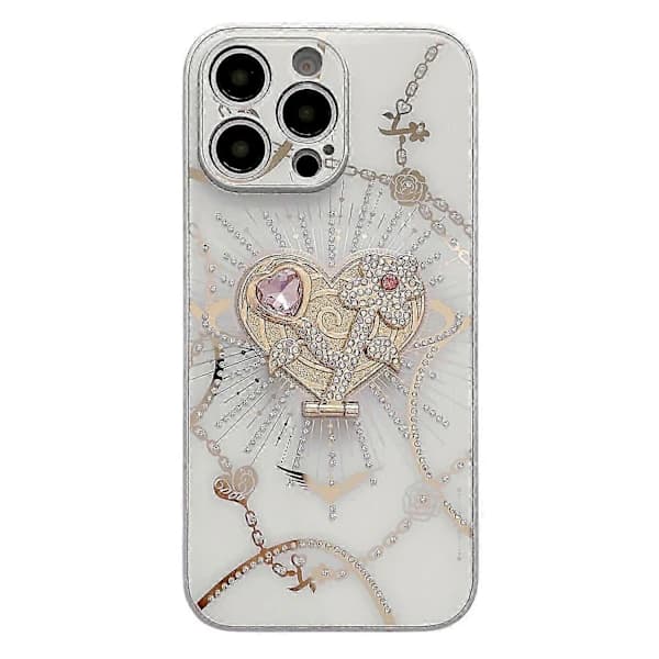 iPhone 16 Pro Max skal med stativ TPU+PC strass dekor telefonfodral - Vit