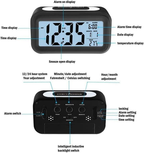 Digital väckarklocka, elektronisk digital väckarklocka med datumvisning, batteridriven