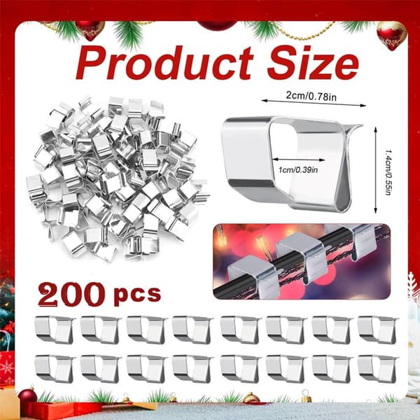 Stainless Steel Light Clips, Reusable Tool-Free Eaves Hooks for Christmas Decorations, Outdoor Eaves and Balconies, 200-Pack