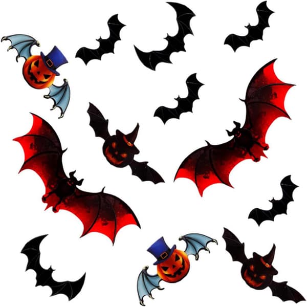 12 värikästä 3D-lepakko Halloween-tarraa