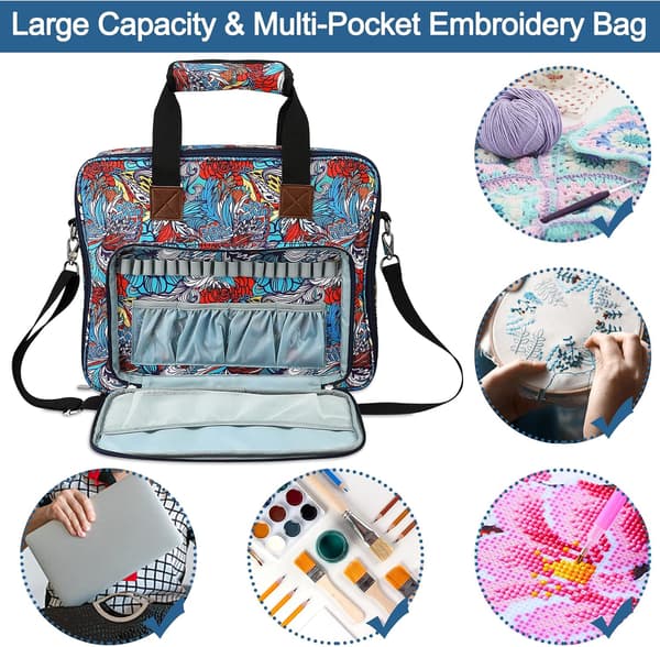 Portable Storage Bag for Embroidery Kit with Multiple Compartments Square Carry Bag