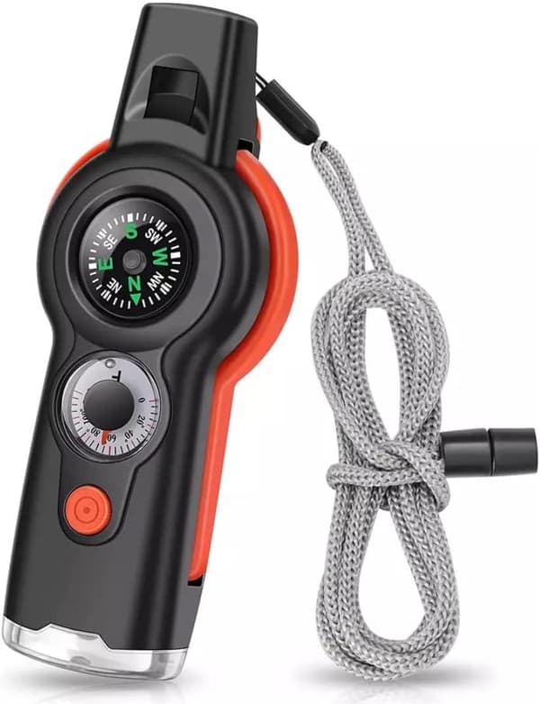 Emergency Survival Whistle 2 Pack 7 in 1 Safety Whistle with Compass Thermometer LED Light Magnifier Reflector