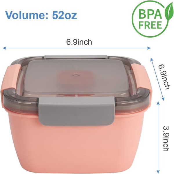 Leak-proof Salad Box, 3 Compartments With Fork And Sauce Container, BPA-free PP, For School, Work And Travel, Pink, 1500 ml
