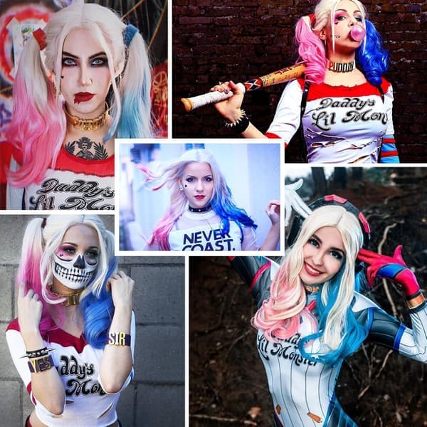 Rosa og blå lang krøllet paryk til kvinder - Cosplay