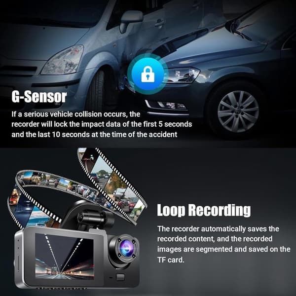 Car Camera, 1080P Dashcam Car Front Rear, 170° Angle 3 Channels with 64G SD, Night Vision, G-Sensor