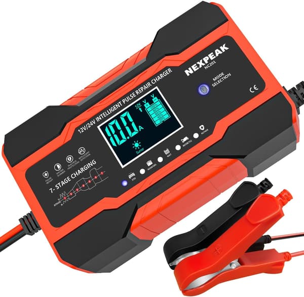 10 amp bilbatterioplader, fuldautomatisk smart batterioplader til 12 volt og 24 volt