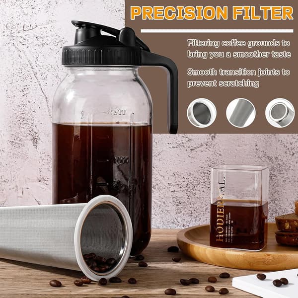 64oz Cold Brew Coffee Maker, 2 Quart Thick Mouth with Extra Tight Stainless Steel Filter (Black)