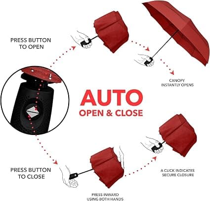 (Burgundy) Automatic Folding Umbrella - Small, Compact, Windproof, Sturdy - Suitable for Men, Women, and Children
