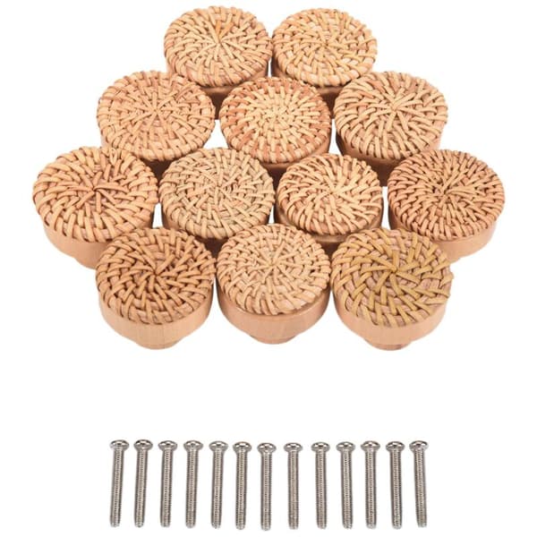 Boho Rattan Knotter for Kommode Håndvevde Kurv Runde Tre Skuffehåndtak og Skruer for Boho Møbelknotter 12 Stykker