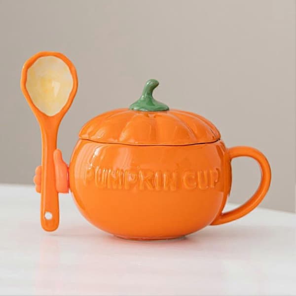 Söt Pumpa Kopp, Keramisk Kaffemugg, 250ml Tekopp med Lock (Kopp+ Sked+ Silikonhand)