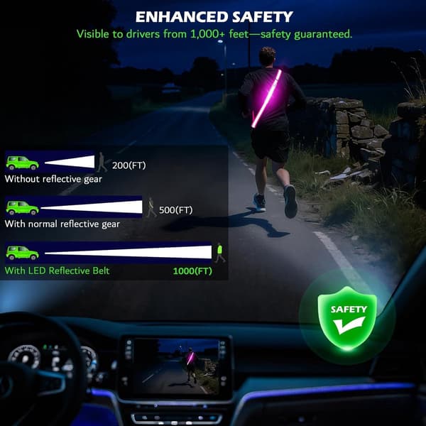 LED Reflective Shoulder Strap, USB Rechargeable, 3 Light Modes, Adjustable 130-154 cm, For Night Running, Walking And Cycling, Pink