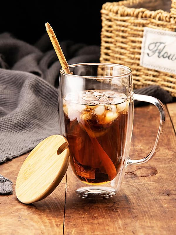 Dobbeltvæggede kaffekrus i glas med trælåg, 2 stk/sæt isolerede klare espressokopper