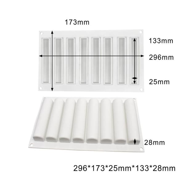 Avlang Eclair Sylinder 8 stk Silikonform Mousseform Pralinform hvit Hvit white Vit
