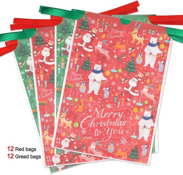 24 stora julklappspåsar med dragsko, presentförpackning