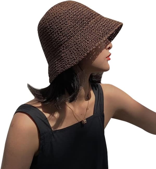 Dame Solhatt Håndvevd Sammenleggbar Strandbøtte Sommer Floppy UV-beskyttelse Hatter Kaffe Coffee