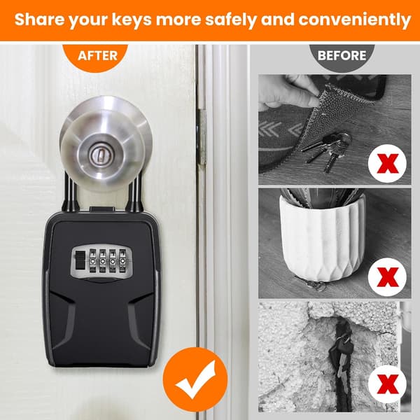 Portable Key Lock Box, Wall Mounted Box for House Key, Car Keys, 6 Keys, Weatherproof Resettable Code (Black,