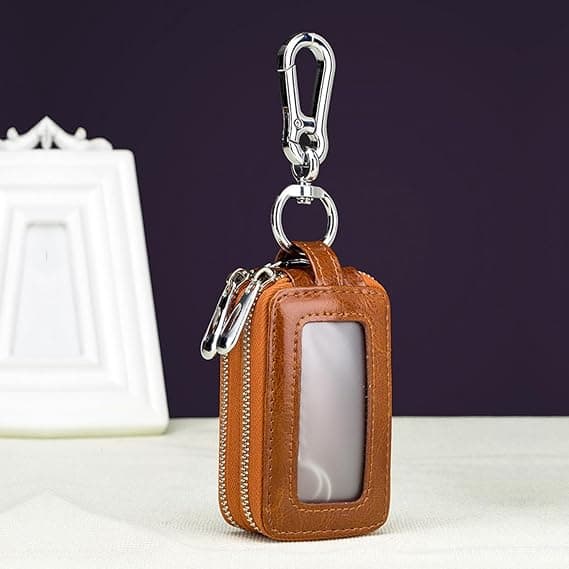 Genuine Waxed Leather Car Key Case for Men, Double Layer Zipper Key Pouch, Including Transparent Style