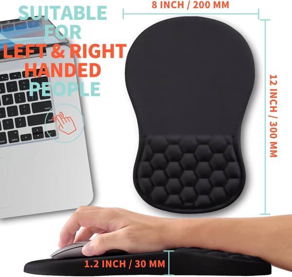 Ergonomisk musemåtte med håndledsstøtte og massagedesign (12x8 tommer, sort)