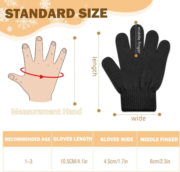 12 par børnehandsker - varme strikkede vinterhandsker i bulk til piger og drenge | Bomuld/polyester materiale, 1-3 år, sort