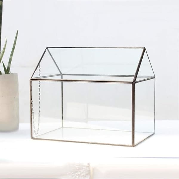 Geometrisk Terrarium Husformet Glasdrivhus til Mos, Bregne, Sukkulent med Hængslet Låg, Guld