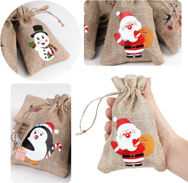 12 Christmas Jute Sacks Small Candy Bags Drawstring Pouches