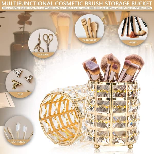 Guld - Makeupbørste Opbevaring, Børsteholder, Krystal, Rund, Makeu