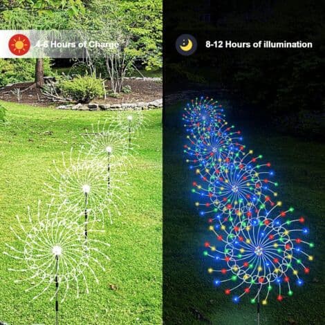 Solar Powered Firework String Lights – Set of 3 Lamps with 30 Copper Wires – 8 Lighting Modes – 17-Button Remote Control – IP65 Waterproof – 3-360 LEDs