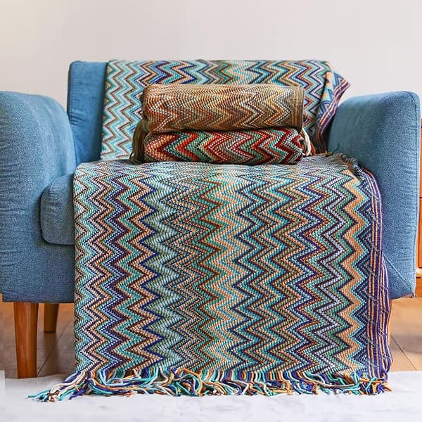 Boho-kast i strikket design med kvaster til udendørs brug, (blå 50x60)
