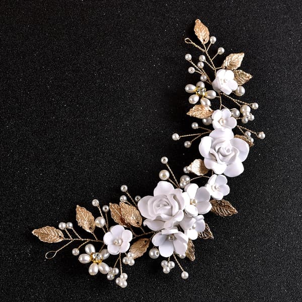 Gyllen, hårranke bryllupsblomstermønster med perler, brudehodebånd