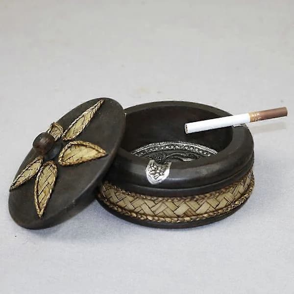 (pow yeah!) Creative Wooden Ashtray with Lid, Thai Style, Business Gift, Handicraft, Small