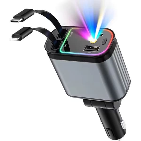 Billader med stjernelys, 4 i 1 udtrækkelig billader med 2 porte, billader til iPhone 16/15/14/13/12/11 og Android (mørkegrå)