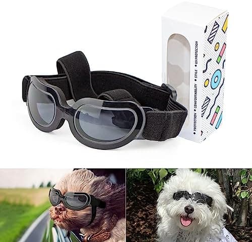 Dog Sunglasses, Clear Black Dog Goggles with Adjustable Strap, UV Protection and Windproof Design, Soft Padding for Comfort for Small Breeds, Lightweight