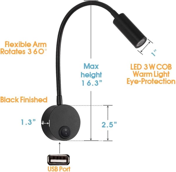 12V DC leselys med USB-ladeport, bobilinteriørbelysning, fleksible LED-lys (svart)