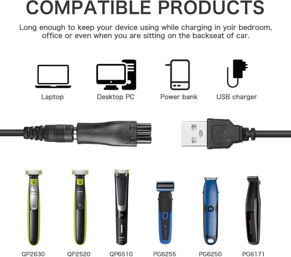 MH-5V 6-pak, 1M USB-lader til elektriske barbermaskiner, barbermaskiner