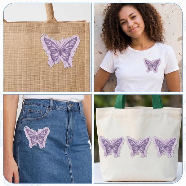 6 stk. denim sommerfugl-strykelapper, lilla brodert applikasjon