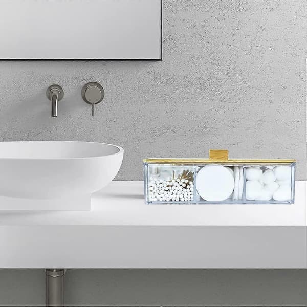 Akryl Q-tips Holder Dispenser med trelokk, 3 rom bomullsballholder